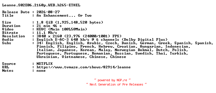NFO for the release Leanne.S02E06.2160p.WEB.h265-ETHEL by ETHEL