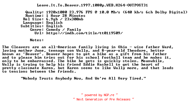 NFO for the release Leave.It.To.Beaver.1997.1080p.WEB.H264-OUTPOST31 by OUTPOST31