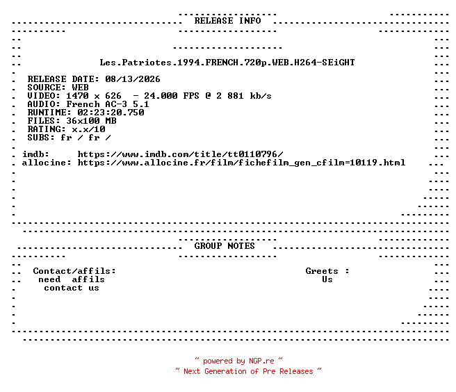 NFO for the release Les.Patriotes.1994.FRENCH.720p.WEB.H264-SEiGHT by SEiGHT