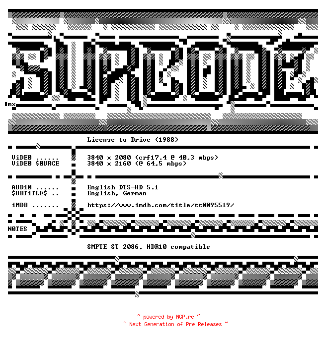 NFO for the release License.to.Drive.1988.2160p.UHD.BluRay.x265-SURCODE by SURCODE