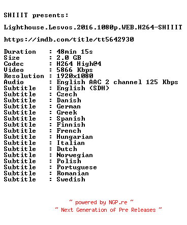 NFO for the release Lighthouse.Lesvos.2016.1080p.WEB.H264-SHIIIT by SHIIIT
