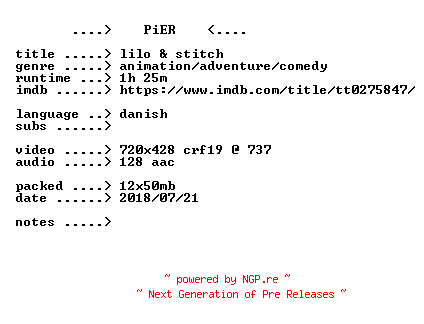 NFO for the release Lilo.And.Stitch.2002.DANiSH.BDRip.x264-PiER by PiER