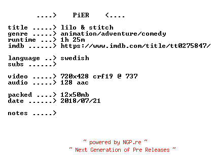 NFO for the release Lilo.And.Stitch.2002.iNTERNAL.SWEDiSH.BDRip.x264-PiER by PiER