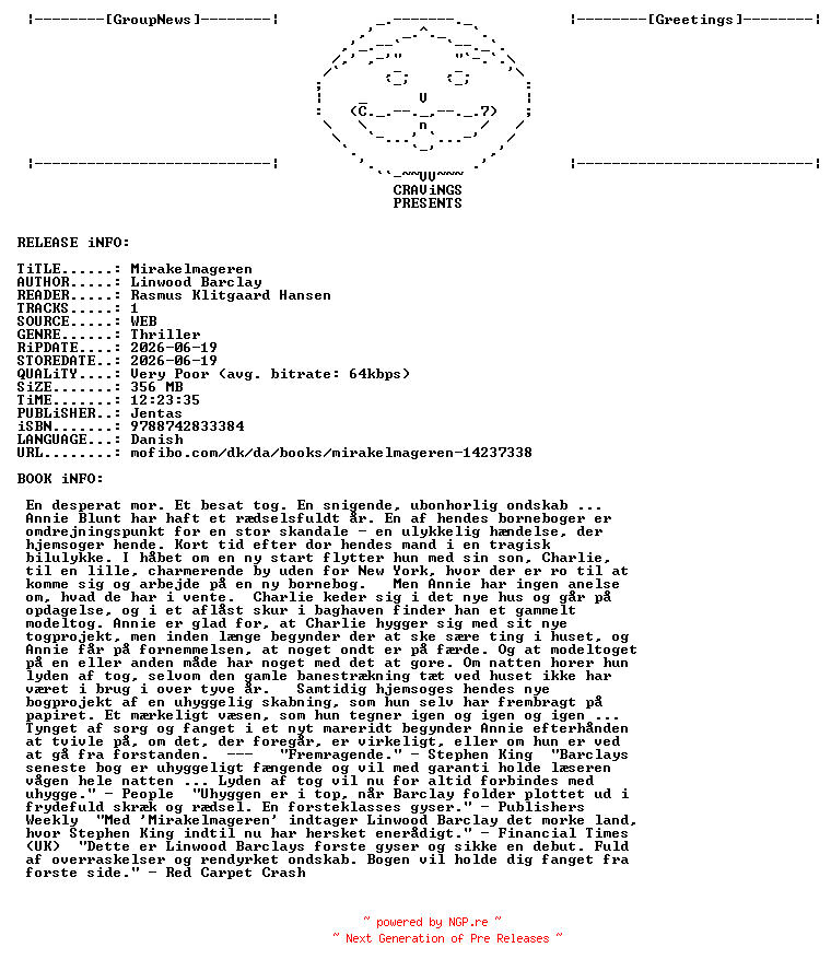NFO for the release Linwood_Barclay_-_Mirakelmageren-AUDiOBOOK-WEB-DK-2026-CRAViNGS_iNT by CRAViNGS_iNT