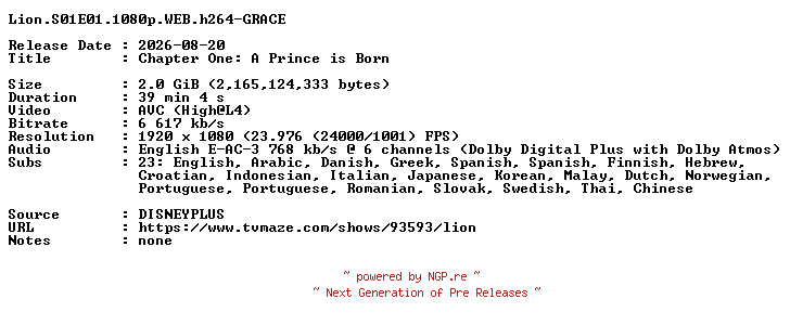 NFO for the release Lion.S01E01.1080p.WEB.h264-GRACE by GRACE