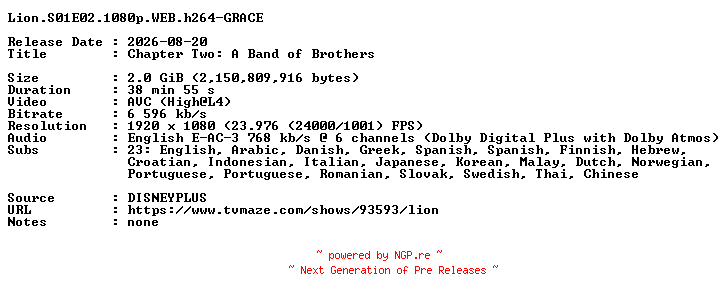 NFO for the release Lion.S01E02.1080p.WEB.h264-GRACE by GRACE