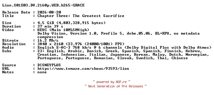 NFO for the release Lion.S01E03.DV.2160p.WEB.h265-GRACE by GRACE