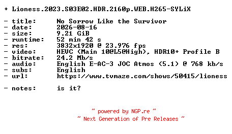 NFO for the release Lioness.2023.S03E02.HDR.2160p.WEB.H265-SYLiX by SYLiX