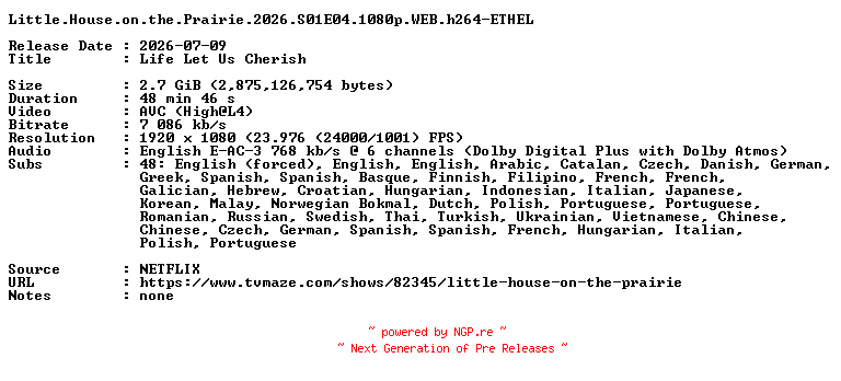 NFO for the release Little.House.on.the.Prairie.2026.S01E04.1080p.WEB.h264-ETHEL by ETHEL