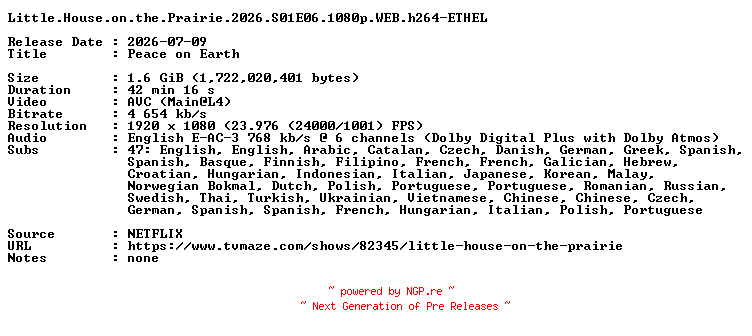 NFO for the release Little.House.on.the.Prairie.2026.S01E06.1080p.WEB.h264-ETHEL by ETHEL