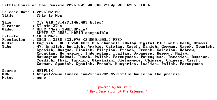 NFO for the release Little.House.on.the.Prairie.2026.S01E08.HDR.2160p.WEB.h265-ETHEL by ETHEL