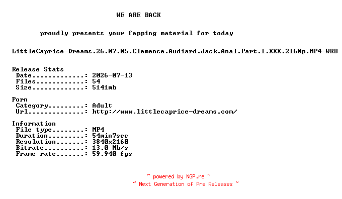 NFO for the release LittleCaprice-Dreams.26.07.05.Clemence.Audiard.Jack.Anal.Part.1.XXX.2160p.MP4-WRB by WRB
