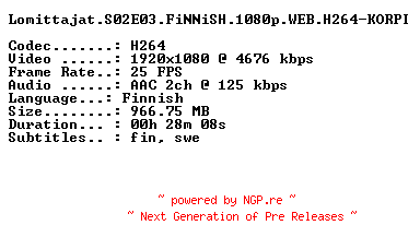 NFO for the release Lomittajat.S02E03.FiNNiSH.1080p.WEB.H264-KORPI by KORPI