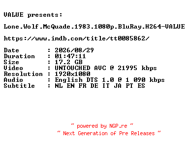 NFO for the release Lone.Wolf.McQuade.1983.1080p.BluRay.H264-VALUE by VALUE