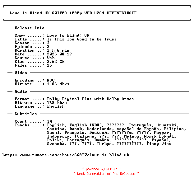 NFO for the release Love.Is.Blind.UK.S03E03.1080p.WEB.H264-DEFENESTRATE by DEFENESTRATE
