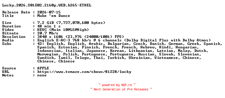 NFO for the release Lucky.2026.S01E02.2160p.WEB.h265-ETHEL by ETHEL