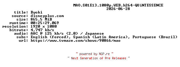 NFO for the release MAO.S01E13.1080p.WEB.h264-QUiNTESSENCE by QUiNTESSENCE