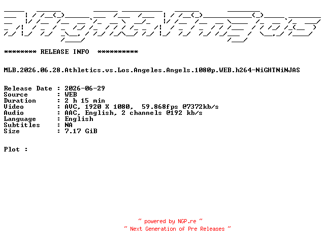 NFO for the release MLB.2026.06.28.Athletics.vs.Los.Angeles.Angels.1080p.WEB.h264-NiGHTNiNJAS by NiGHTNiNJAS