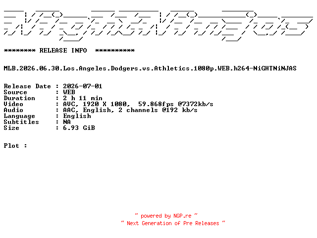 NFO for the release MLB.2026.06.30.Los.Angeles.Dodgers.vs.Athletics.1080p.WEB.h264-NiGHTNiNJAS by NiGHTNiNJAS