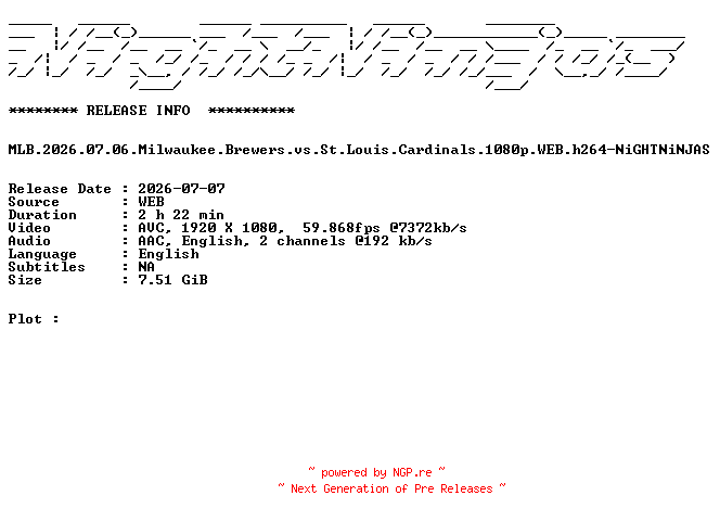NFO for the release MLB.2026.07.06.Milwaukee.Brewers.vs.St.Louis.Cardinals.1080p.WEB.h264-NiGHTNiNJAS by NiGHTNiNJAS
