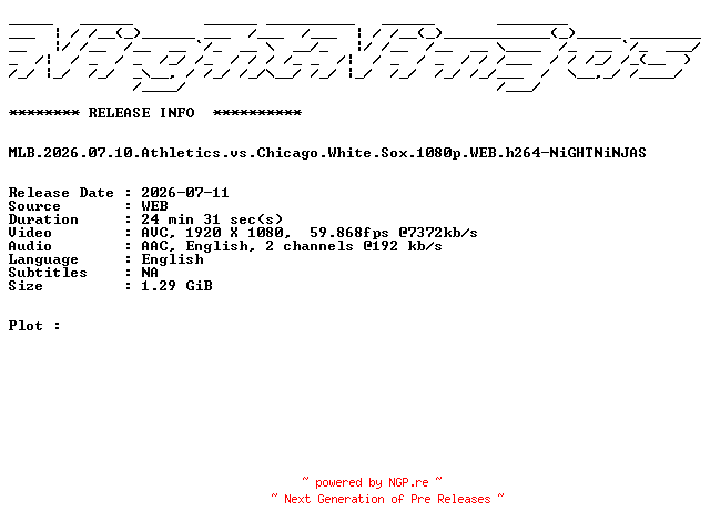 NFO for the release MLB.2026.07.10.Athletics.vs.Chicago.White.Sox.1080p.WEB.h264-NiGHTNiNJAS by NiGHTNiNJAS