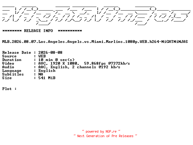 NFO for the release MLB.2026.08.07.Los.Angeles.Angels.vs.Miami.Marlins.1080p.WEB.h264-NiGHTNiNJAS by NiGHTNiNJAS