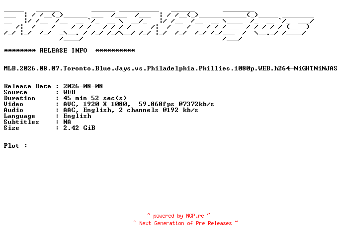 NFO for the release MLB.2026.08.07.Toronto.Blue.Jays.vs.Philadelphia.Phillies.1080p.WEB.h264-NiGHTNiNJAS by NiGHTNiNJAS