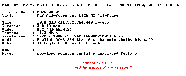 NFO for the release MLS.2026.07.29.MLS.All-Stars.vs.LIGA.MX.All-Stars.PROPER.1080p.WEB.h264-BILLIE by BILLIE