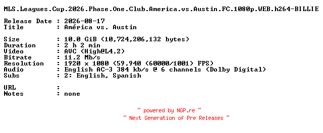 NFO for the release MLS.Leagues.Cup.2026.Phase.One.Club.America.vs.Austin.FC.1080p.WEB.h264-BILLIE by BILLIE