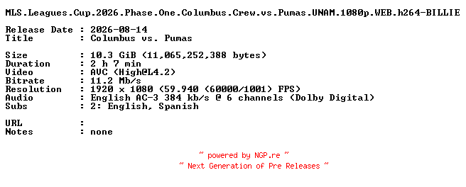 NFO for the release MLS.Leagues.Cup.2026.Phase.One.Columbus.Crew.vs.Pumas.UNAM.1080p.WEB.h264-BILLIE by BILLIE