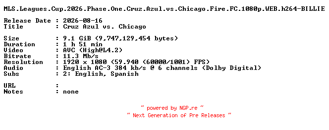 NFO for the release MLS.Leagues.Cup.2026.Phase.One.Cruz.Azul.vs.Chicago.Fire.FC.1080p.WEB.h264-BILLIE by BILLIE