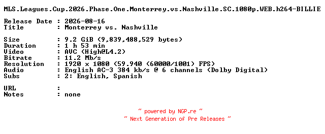 NFO for the release MLS.Leagues.Cup.2026.Phase.One.Monterrey.vs.Nashville.SC.1080p.WEB.h264-BILLIE by BILLIE
