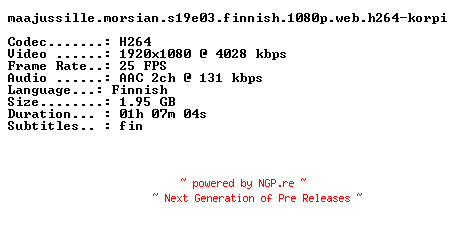 NFO for the release Maajussille.Morsian.S19E03.FiNNiSH.1080p.WEB.H264-KORPI by KORPI