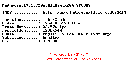NFO for the release Madhouse.1981.720p.BluRay.x264-SPOOKS by SPOOKS