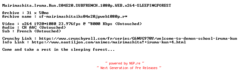 NFO for the release Mairimashita.Iruma.Kun.S04E20.SUBFRENCH.1080p.WEB.x264-SLEEPINGFOREST by SLEEPINGFOREST