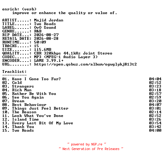 NFO for the release Majid_Jordan-Two_Roads-WEB-2026-ENRiCH by ENRiCH