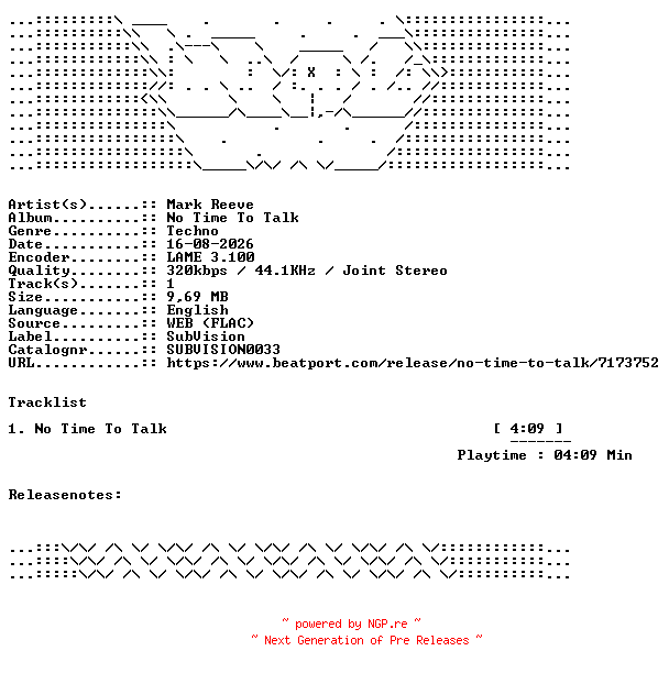 NFO for the release Mark_Reeve-No_Time_To_Talk-SUBVISION0033-SINGLE-WEB-2026-WAV by WAV