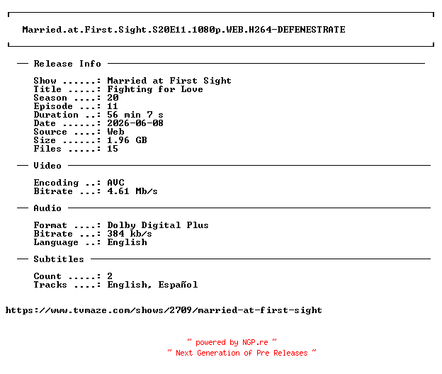 NFO for the release Married.at.First.Sight.S20E11.1080p.WEB.H264-DEFENESTRATE by DEFENESTRATE