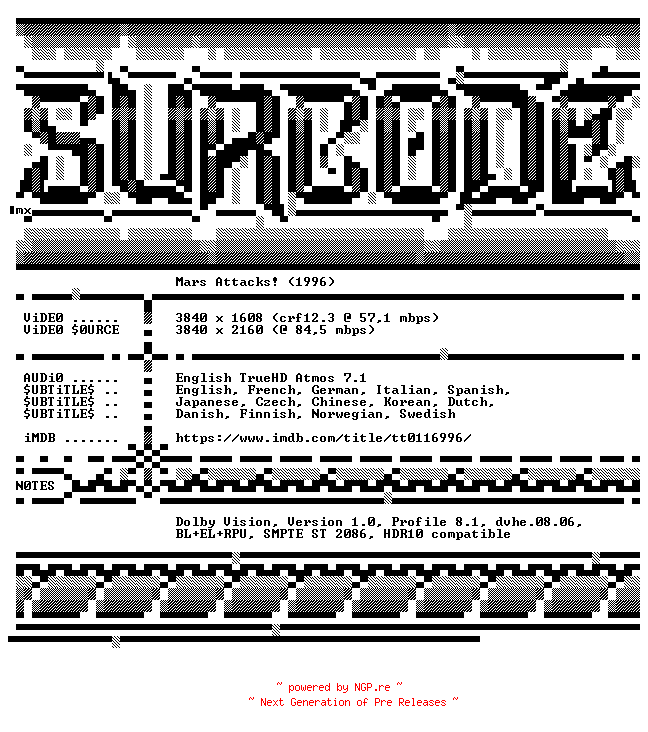 NFO for the release Mars.Attacks.1996.2160p.UHD.BluRay.x265-SURCODE by SURCODE