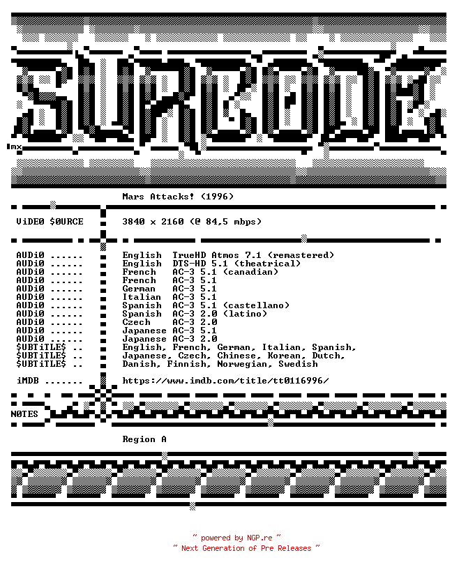NFO for the release Mars.Attacks.1996.COMPLETE.UHD.BLURAY-SURCODE by SURCODE