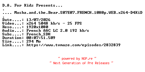 NFO for the release Masha.and.the.Bear.S07E07.FRENCH.1080p.WEB.x264-D4KiD by D4KiD