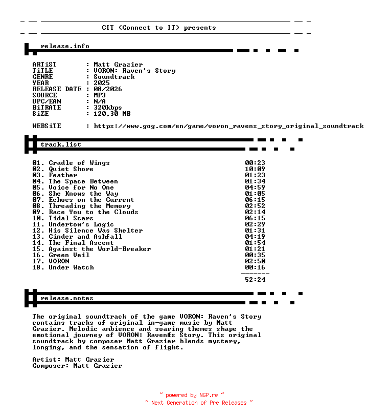 NFO for the release Matt_Grazier-VORON_Ravens_Story-OST-WEB-2025-CIT by CIT