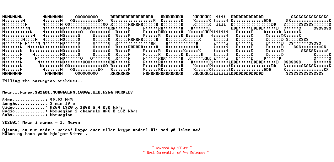 NFO for the release Maur.I.Rumpa.S02E01.NORWEGiAN.1080p.WEB.h264-NORKiDS by NORKiDS