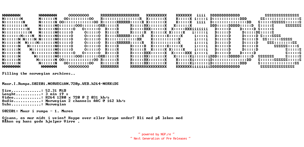 NFO for the release Maur.I.Rumpa.S02E01.NORWEGiAN.720p.WEB.h264-NORKiDS by NORKiDS