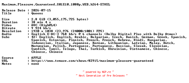 NFO for the release Maximum.Pleasure.Guaranteed.S01E10.1080p.WEB.h264-ETHEL by ETHEL