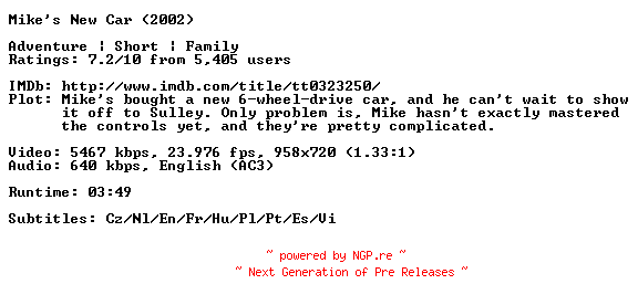 NFO for the release Mikes.New.Car.2002.720p.BluRay.x264-PiXAR by PiXAR