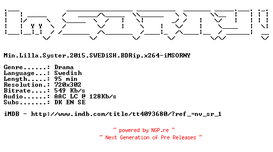 NFO for the release Min.Lilla.Syster.2015.SWEDiSH.BDRip.x264-iMSORNY by iMSORNY