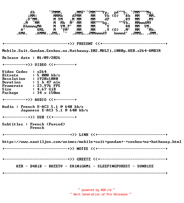 NFO for the release Mobile.Suit.Gundam.Senkou.no.Hathaway.E02.MULTi.1080p.WEB.x264-AMB3R by AMB3R