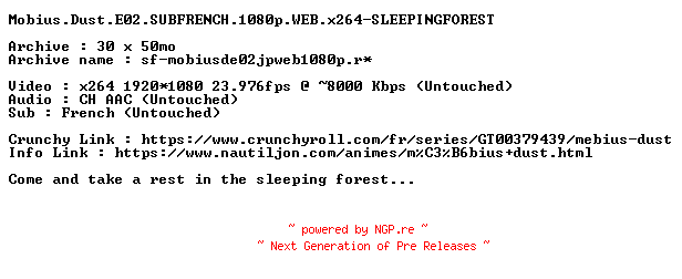 NFO for the release Mobius.Dust.E02.SUBFRENCH.1080p.WEB.x264-SLEEPINGFOREST by SLEEPINGFOREST