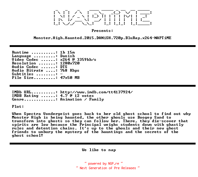 NFO for the release Monster.High.Haunted.2015.DANiSH.720p.BluRay.x264-NAPTiME by NAPTiME